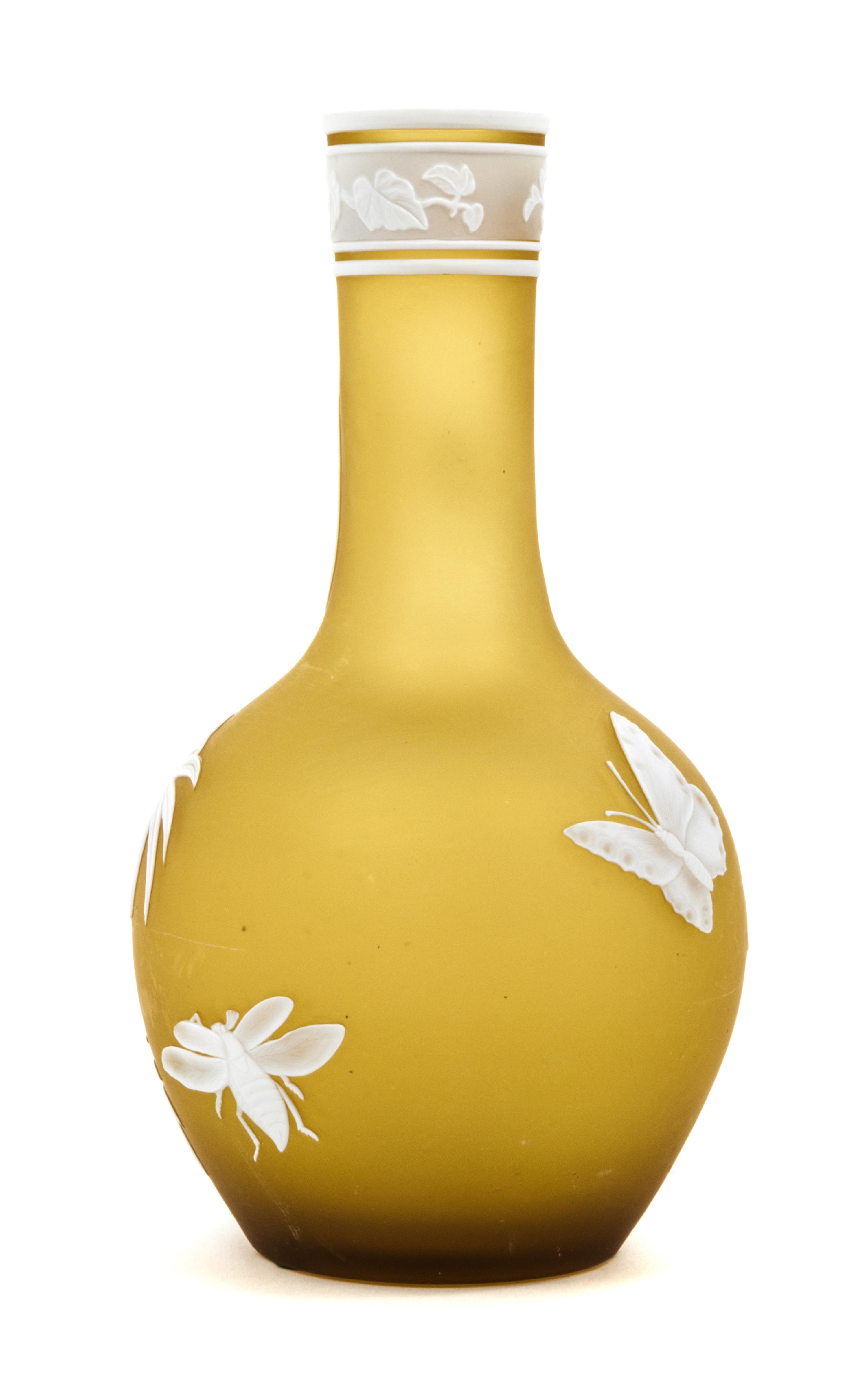 English, LATE 19TH CENTURY, a cameo glass vase, of bottle form with fern and insect decoration