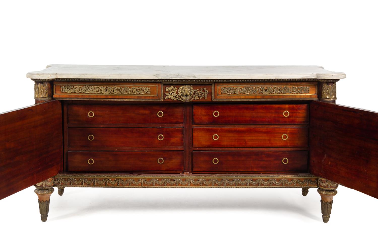 A Louis XVI Style Gilt Bronze Mounted Mahogany Marble-Top Commode à Vantaux