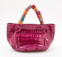 A Nancy Gonzales Fuchsia Crocodile Mini Handbag, 10.25" x 6" x 4.5." Strap drop: 3.5."