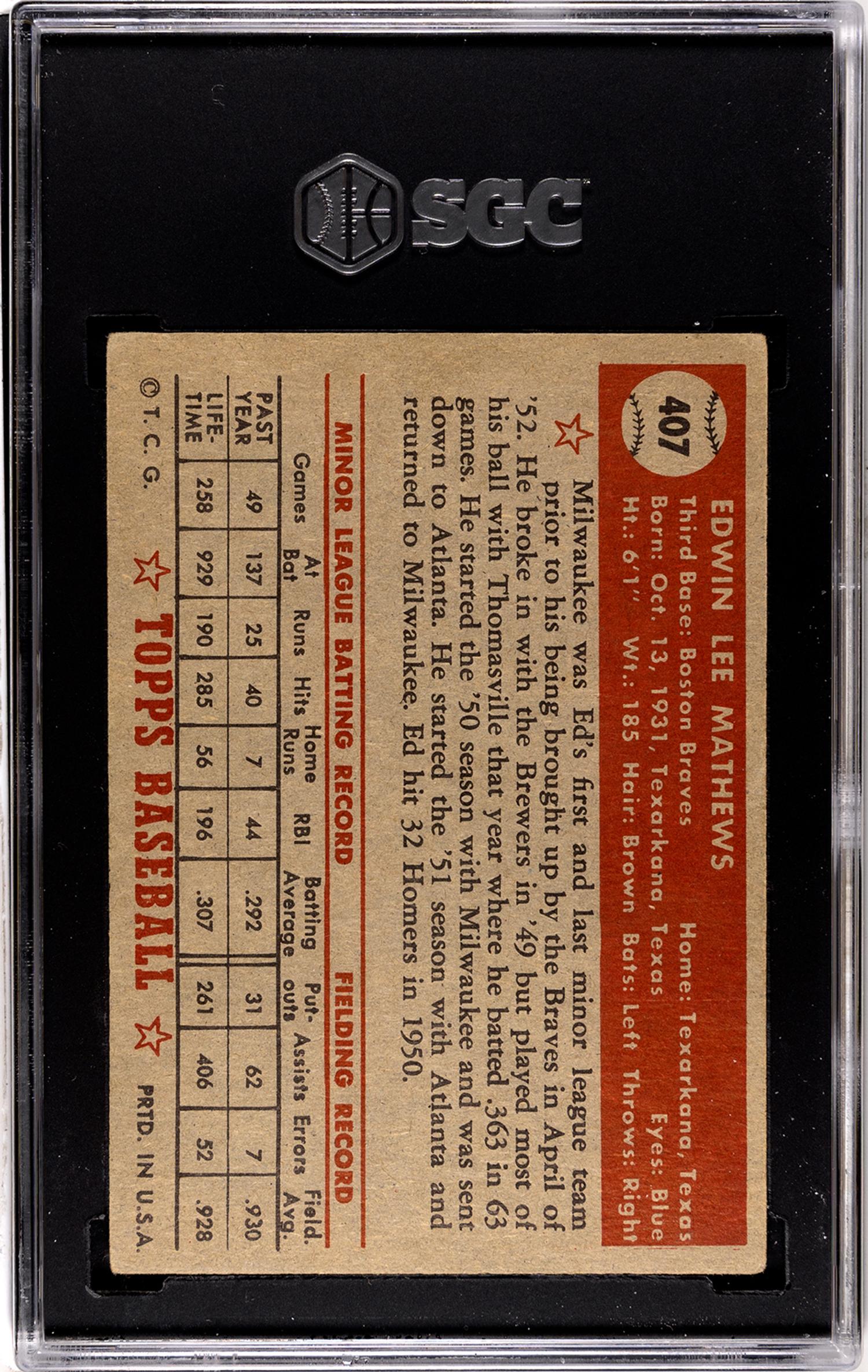 A 1952 Topps Eddie Mathews High Number Rookie Baseball Card No. 407 (SGC 3.5 VG+)