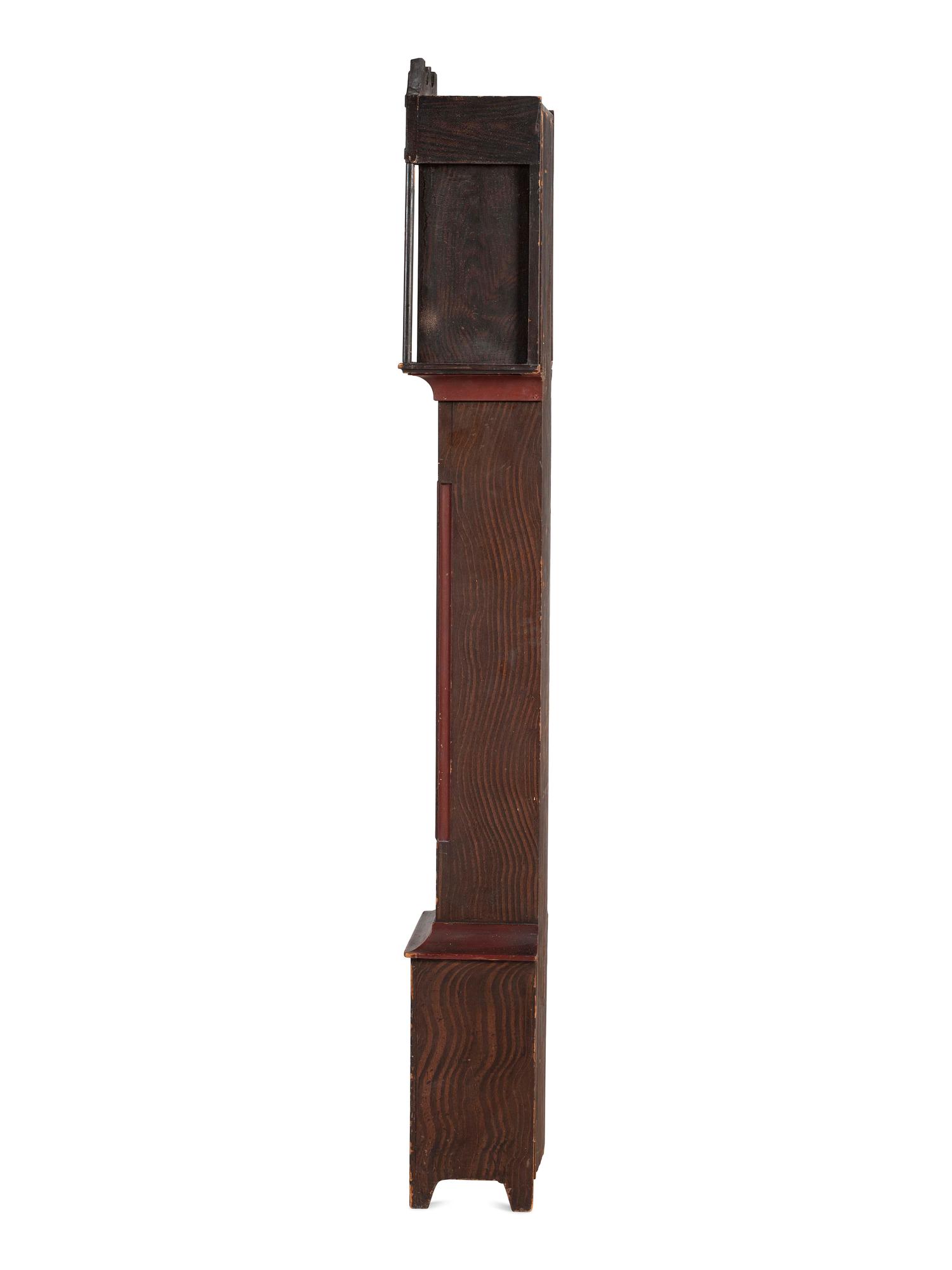 A Federal Red and Grain Painted Pine Wooden Works Tall Case Clock