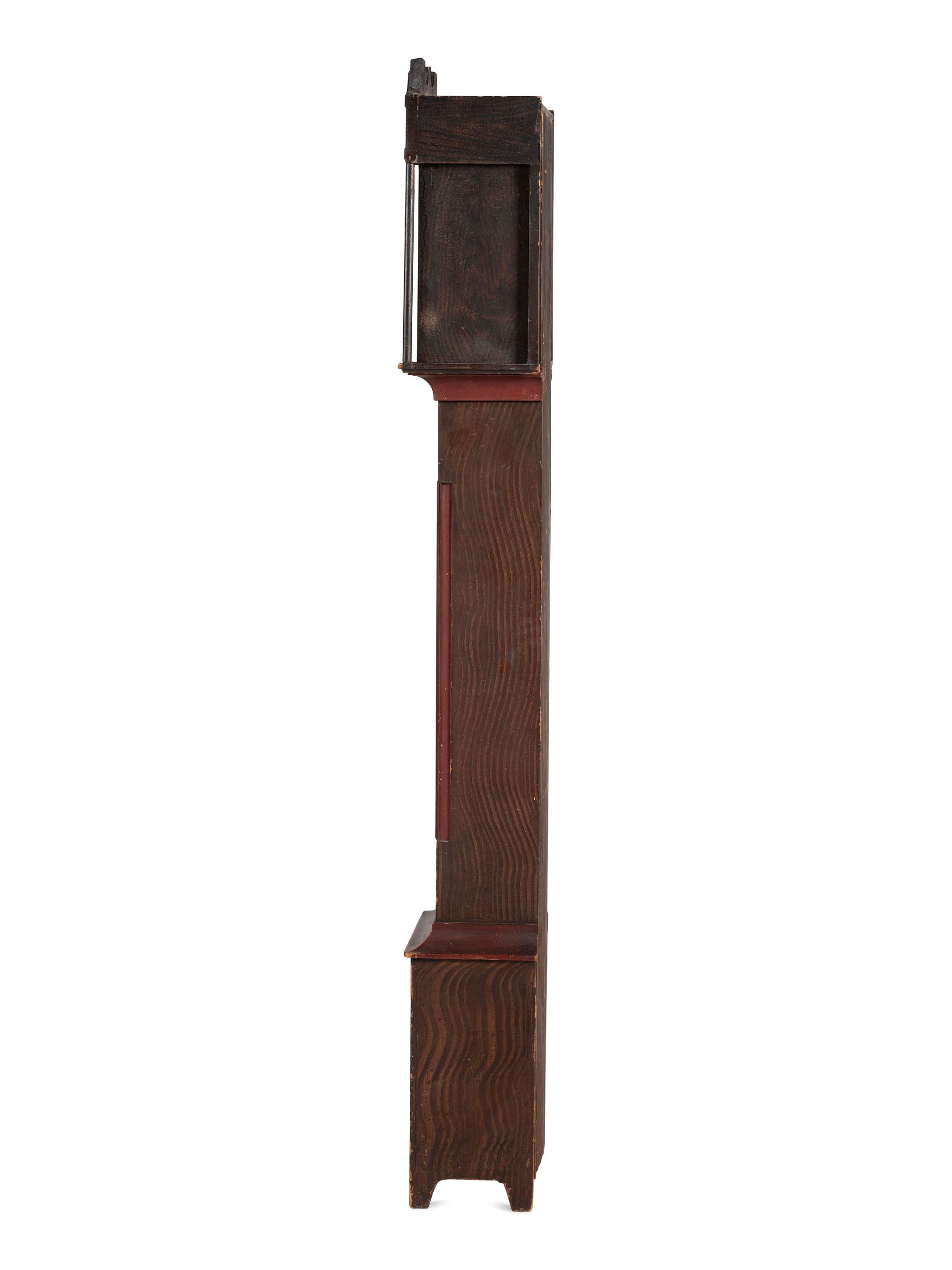 A Federal Red and Grain Painted Pine Wooden Works Tall Case Clock