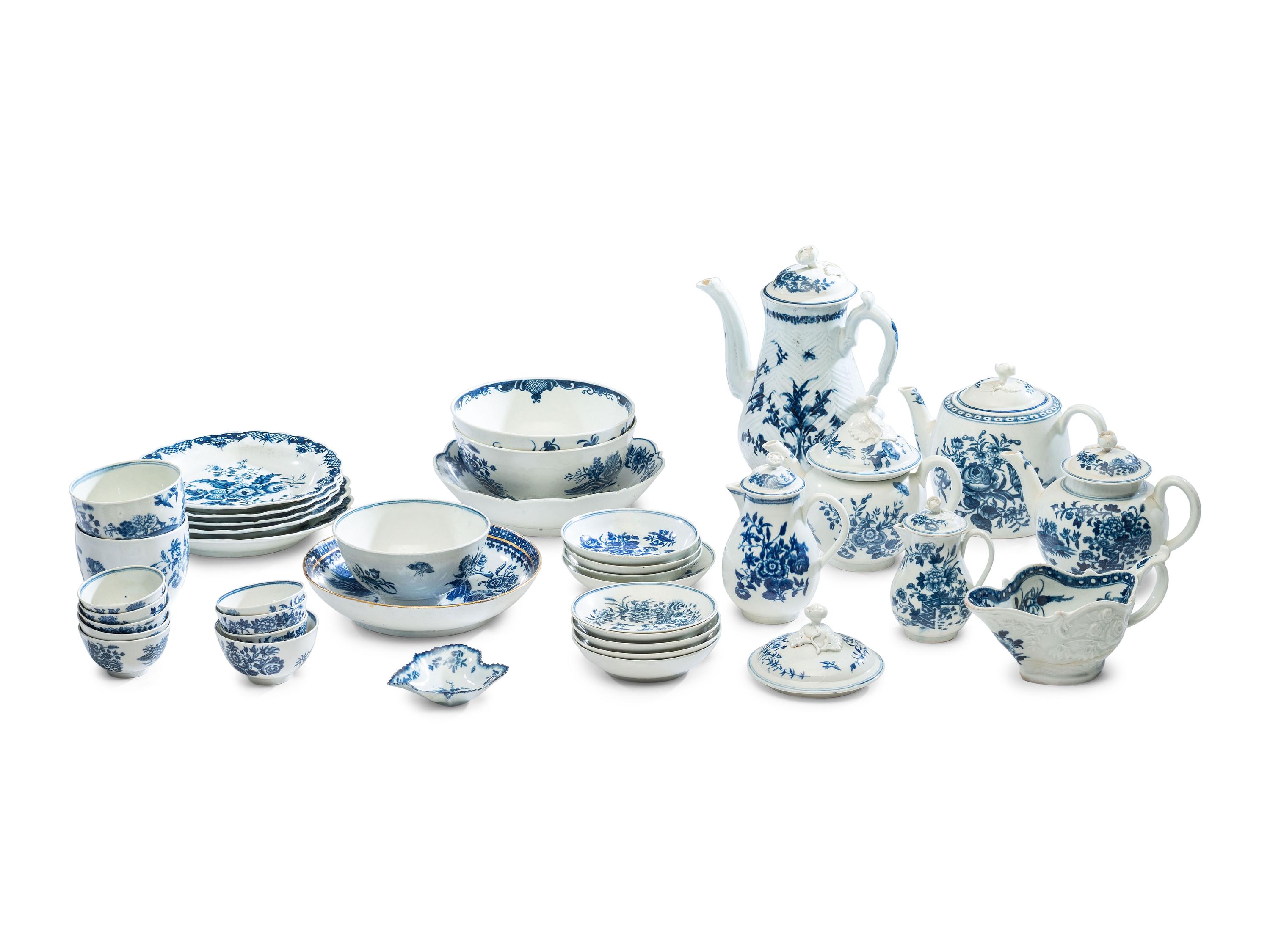An Assembled Collection of Dr. Wall Period Worcester Cobalt Decorated Porcelain Table Articles
