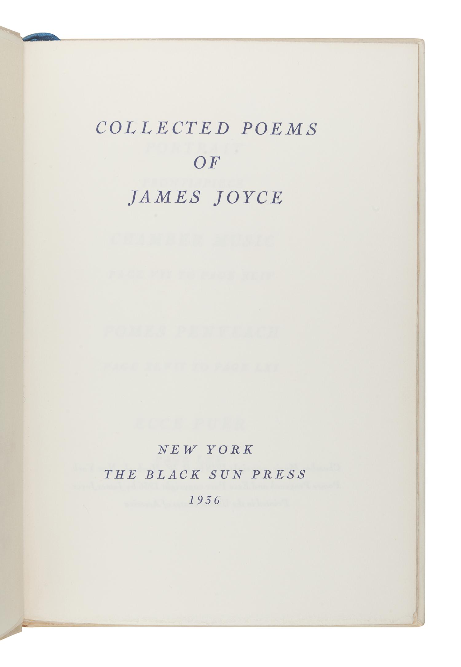 JOYCE, James (1882-1941). Collected Poems . New York: The Black Sun Press, 1936.