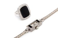 COLLECTION OF WHITE GOLD, PLATINUM, ONYX AND DIAMOND JEWELRY