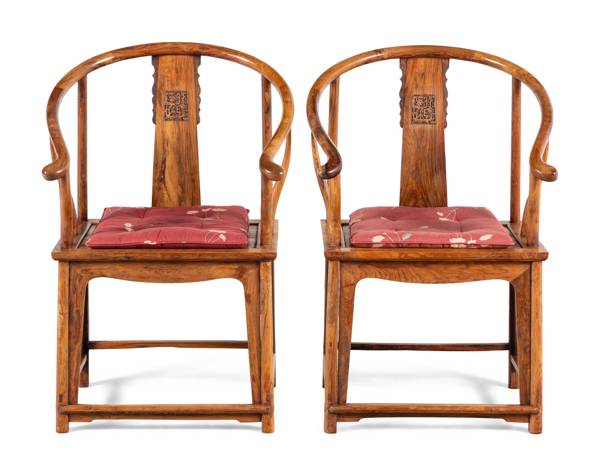 A Pair of Chinese Hardwood Horseshoe-Back Armchairs, Quanyi, Possibly Huanghuali, 20th Century 近代 黃花梨圈椅一對