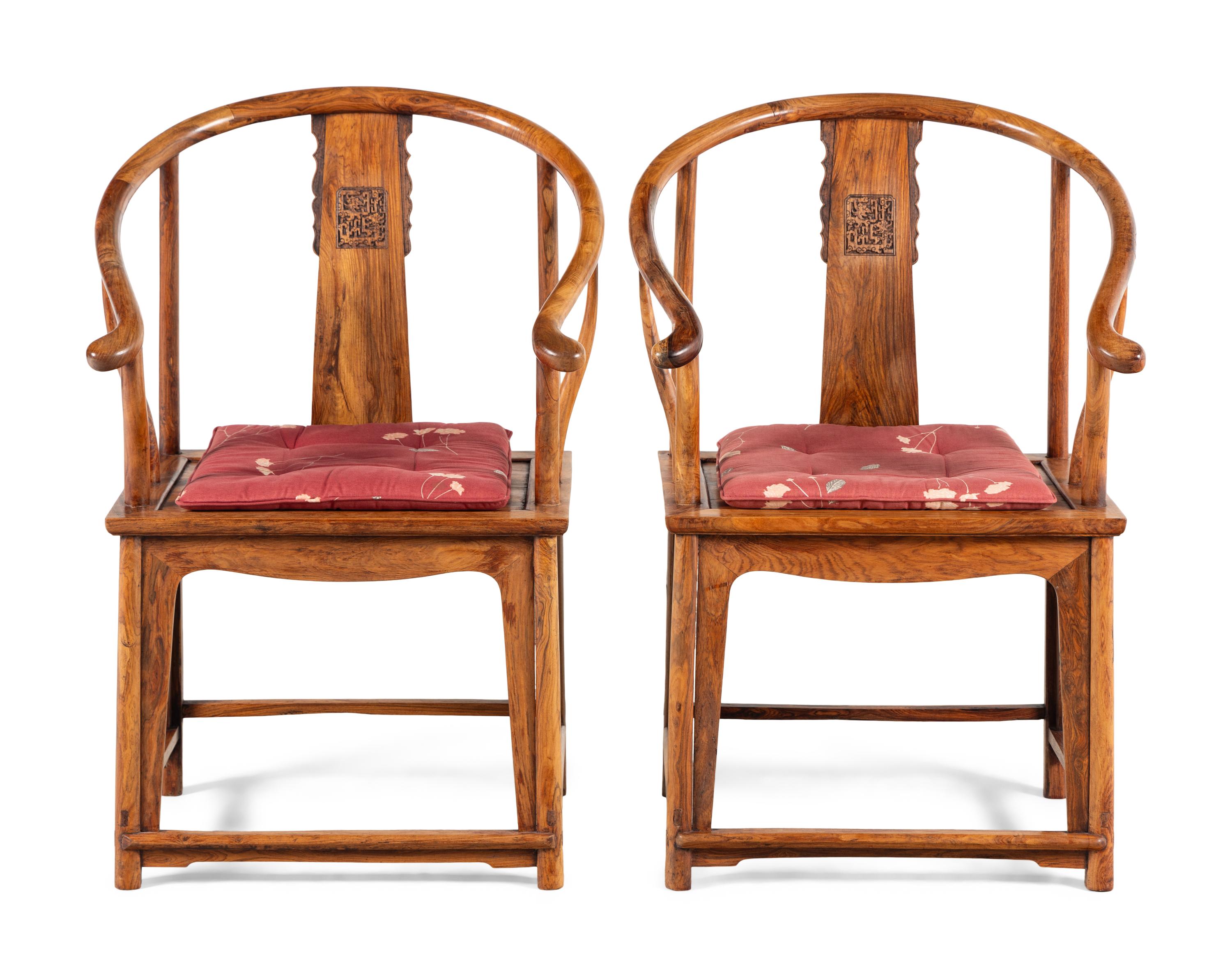 A Pair of Chinese Hardwood Horseshoe-Back Armchairs, Quanyi, Possibly Huanghuali, 20th Century 近代 黃花梨圈椅一對