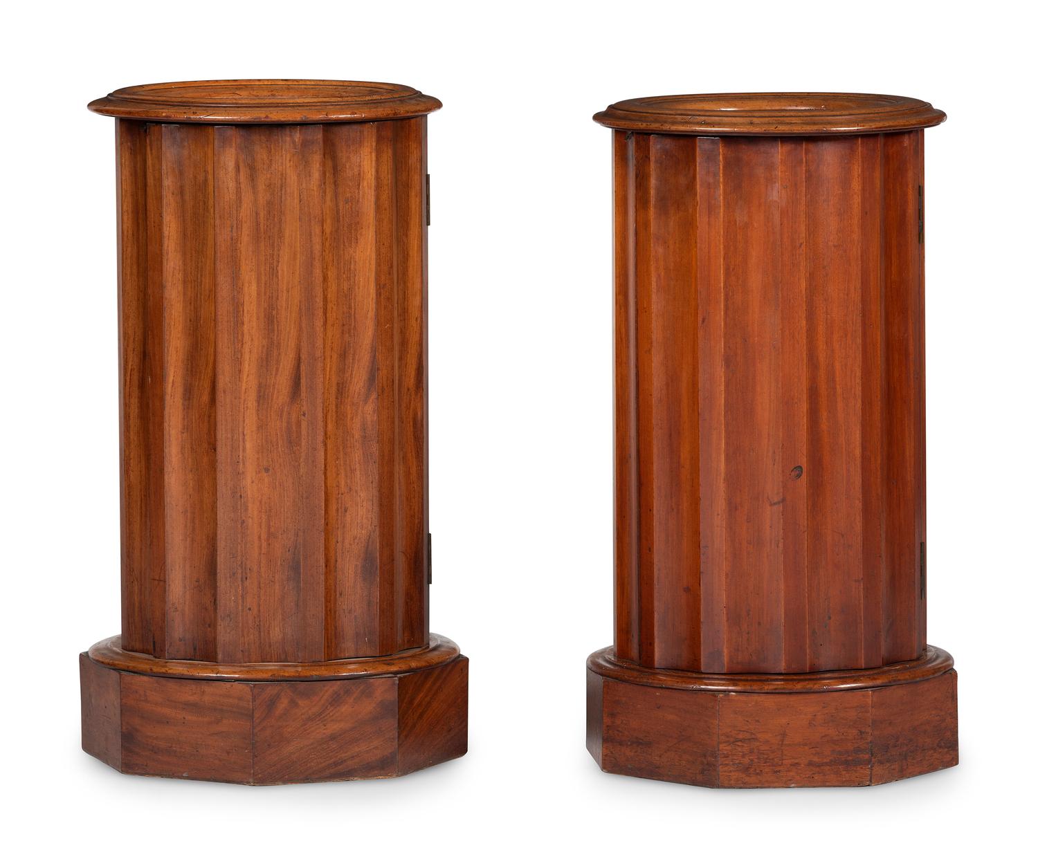 A Pair of Regency Style Marble Inset Carved Birch Column-Form Pot Cupboards