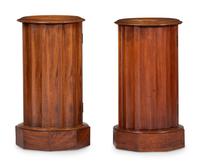 A Pair of Regency Style Marble Inset Carved Birch Column-Form Pot Cupboards