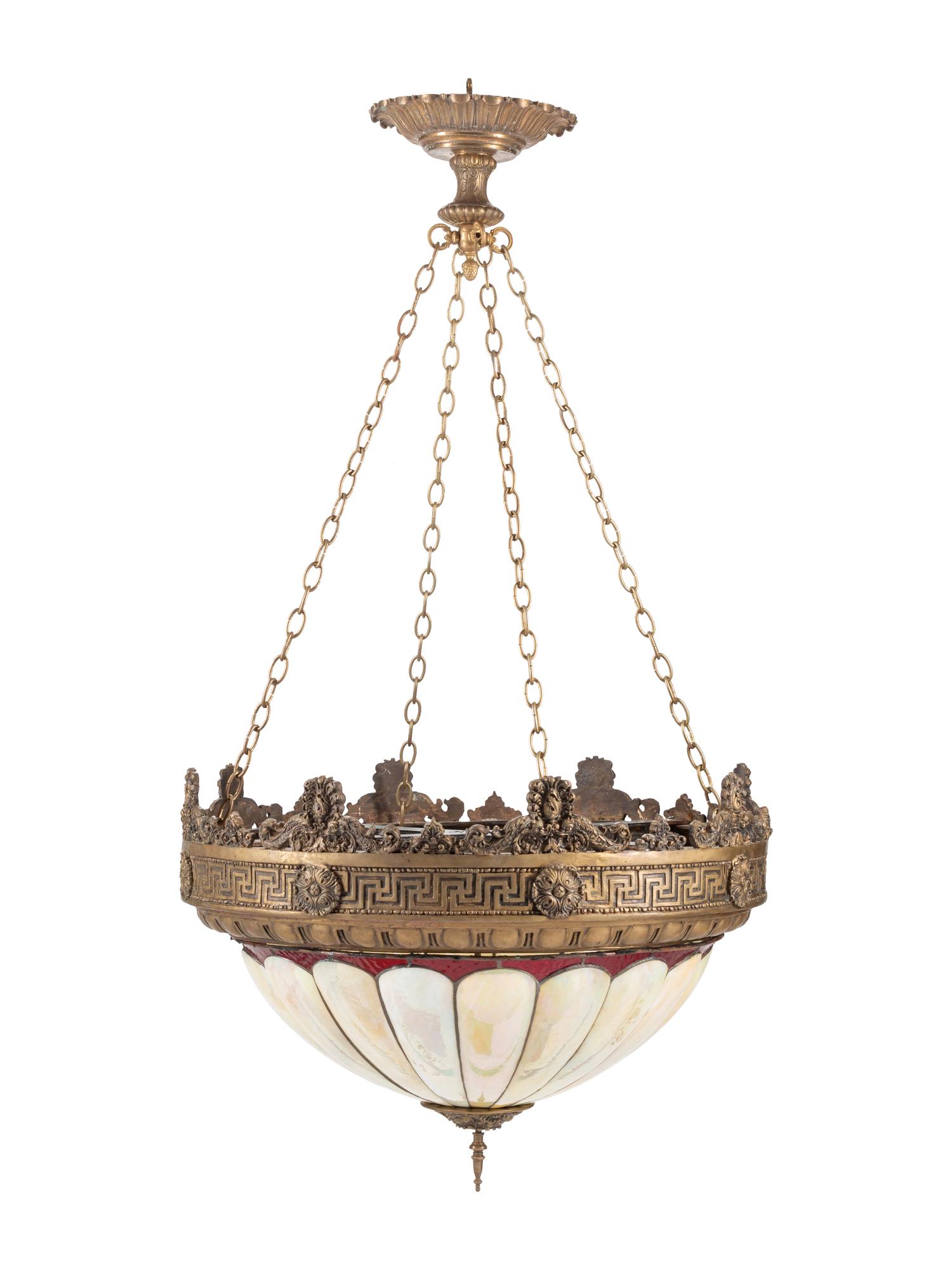 A Pair of American Neoclassical Gilt Bronze and Slag Glass Ceiling Fixtures