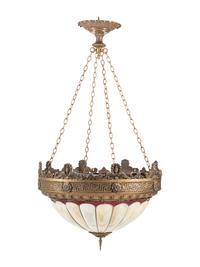 A Pair of American Neoclassical Gilt Bronze and Slag Glass Ceiling Fixtures