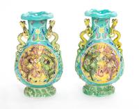 A Pair of Chinese Carved Famille Rose Porcelain Vases Height 8 1/2 inches. — 20TH CENTURY