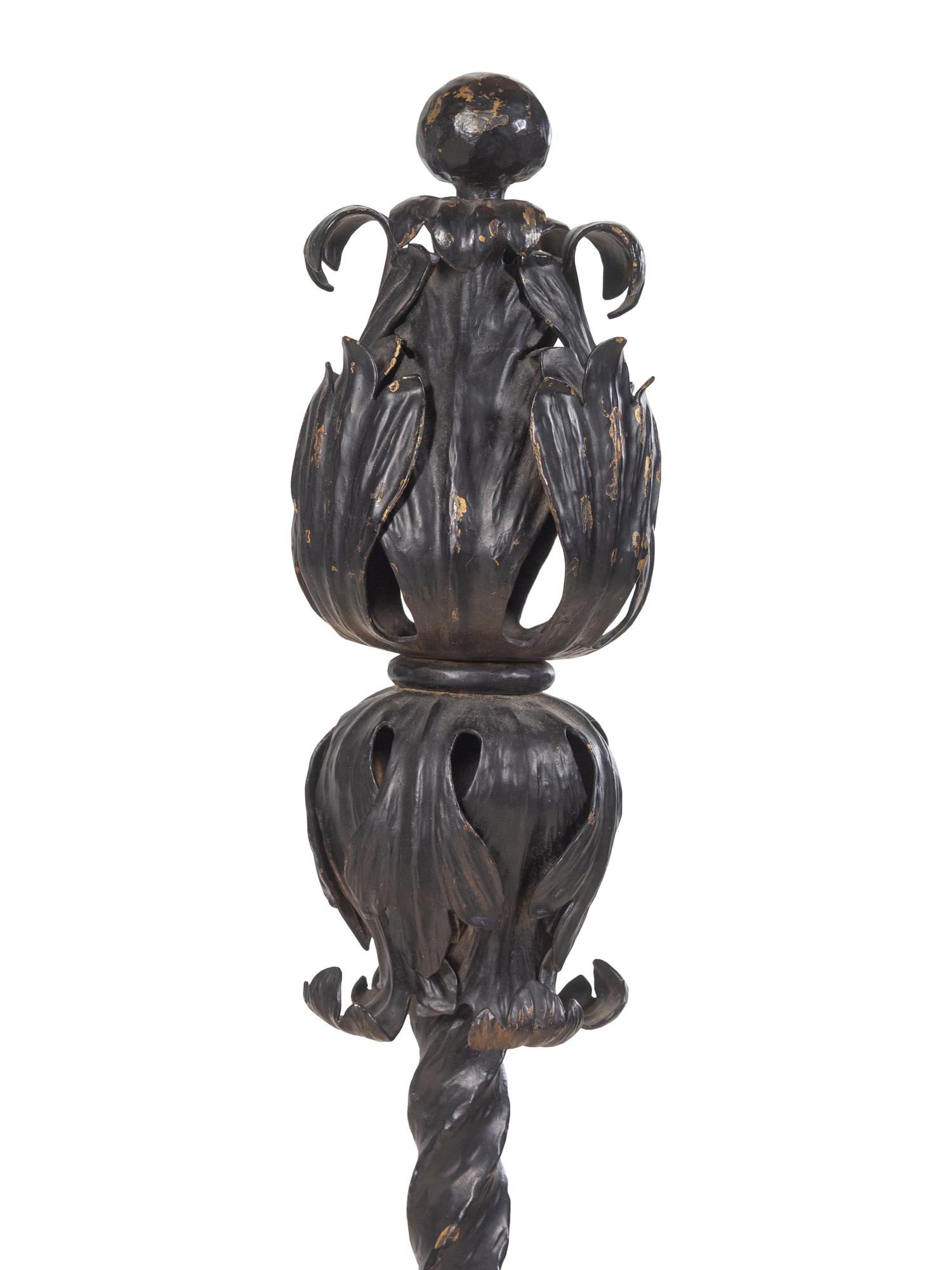 A Pair of Baroque Style Wrought Iron and Metal Andirons