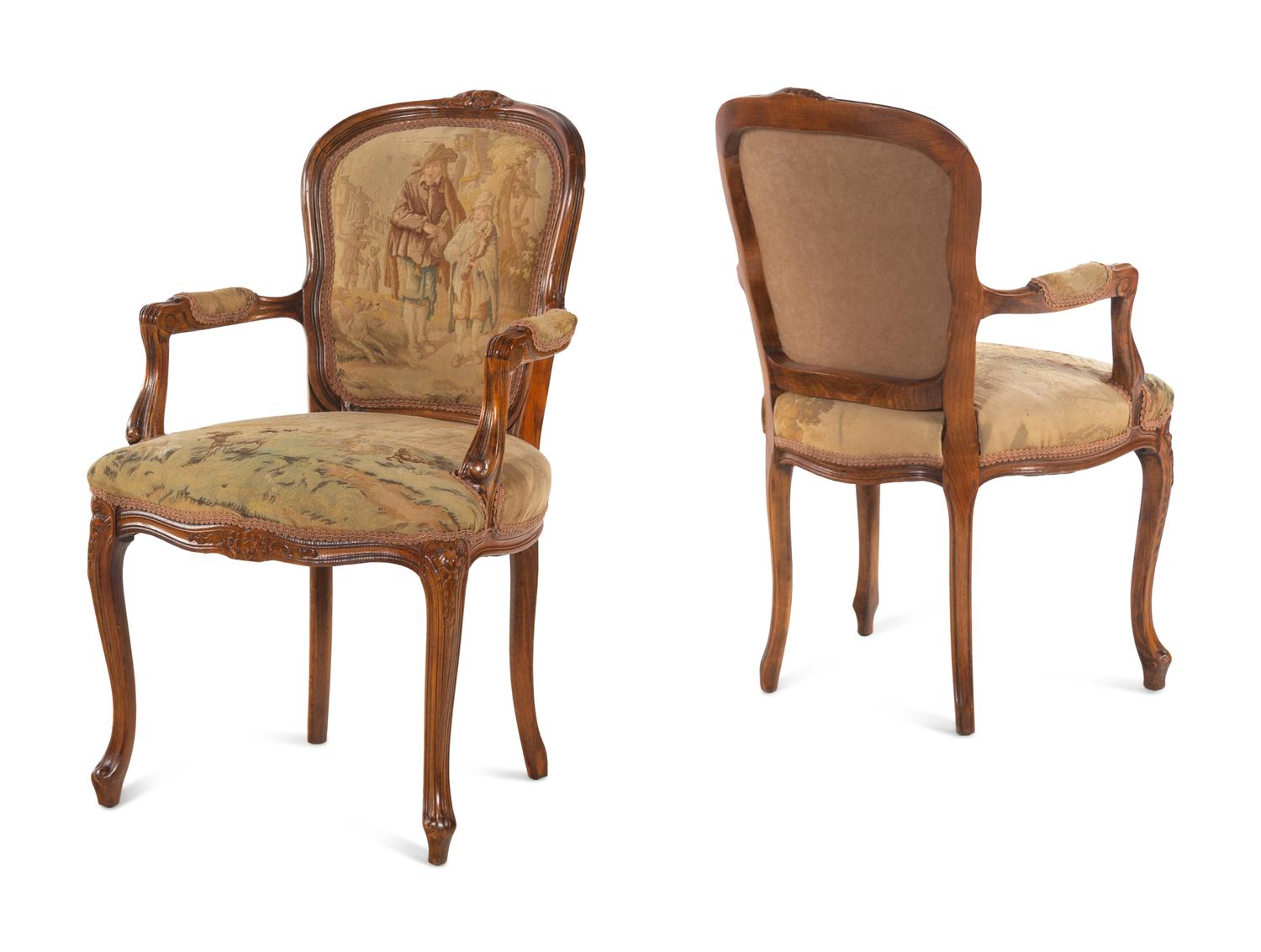 A Pair of Louis XV Style Tapestry Upholstered Fauteuils