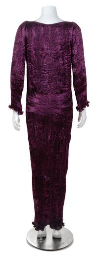 A Patricia Lester Black Currant Mousse Silk Hand Pleated Gown, No size.