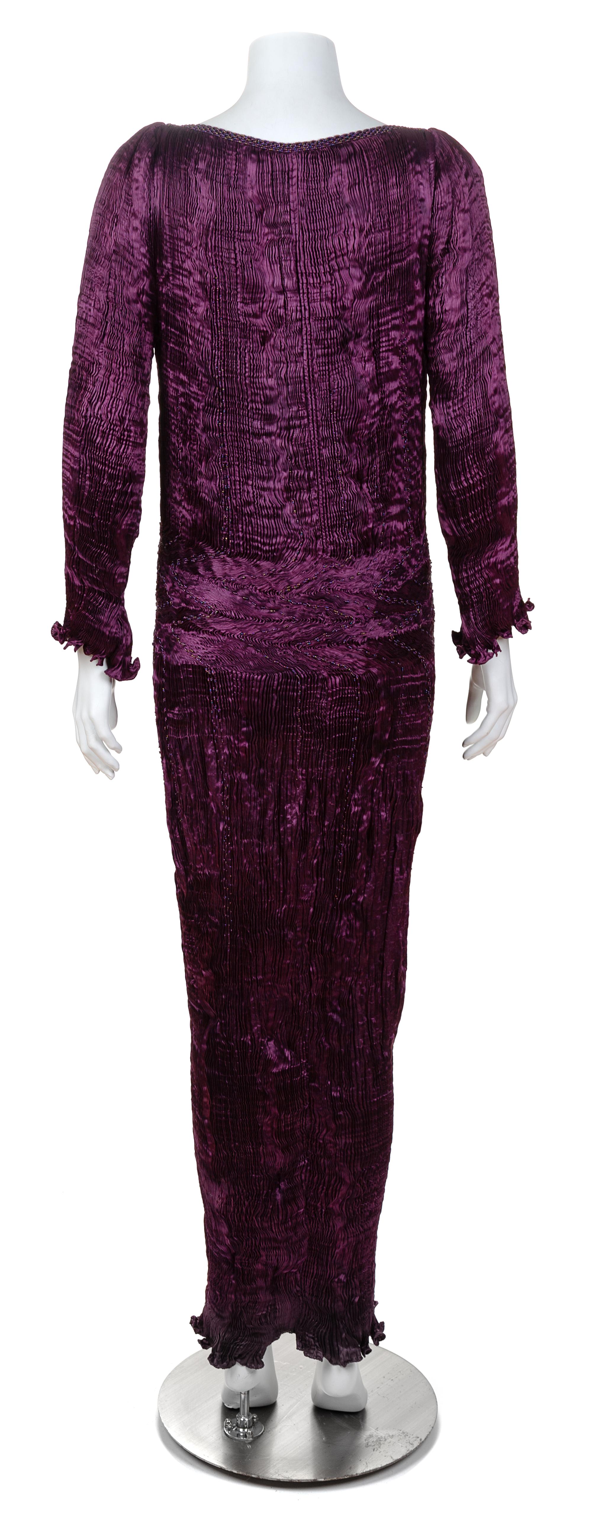 A Patricia Lester Black Currant Mousse Silk Hand Pleated Gown, No size.