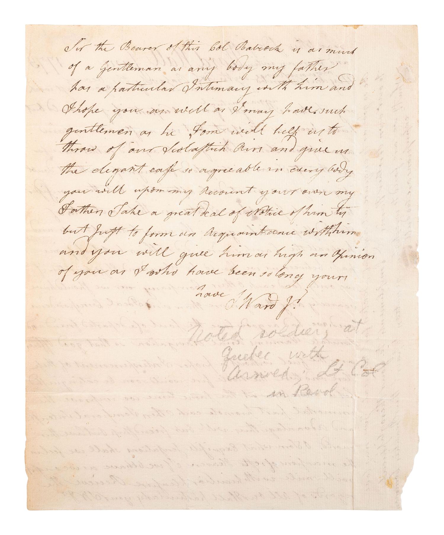 [REVOLUTIONARY WAR]. WARD, Samuel Jr. (1756-1832). ALS ("SW Jr."). "Ward Hall" [RI], June 1773.