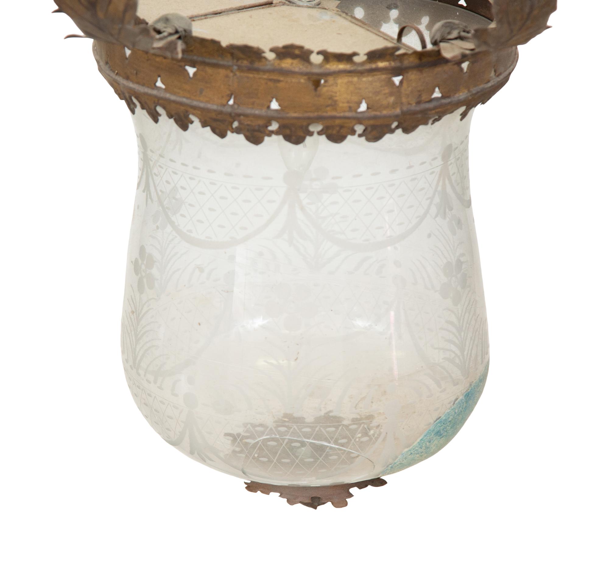 A Continental Gilt Tole and Etched Glass Hall Lantern