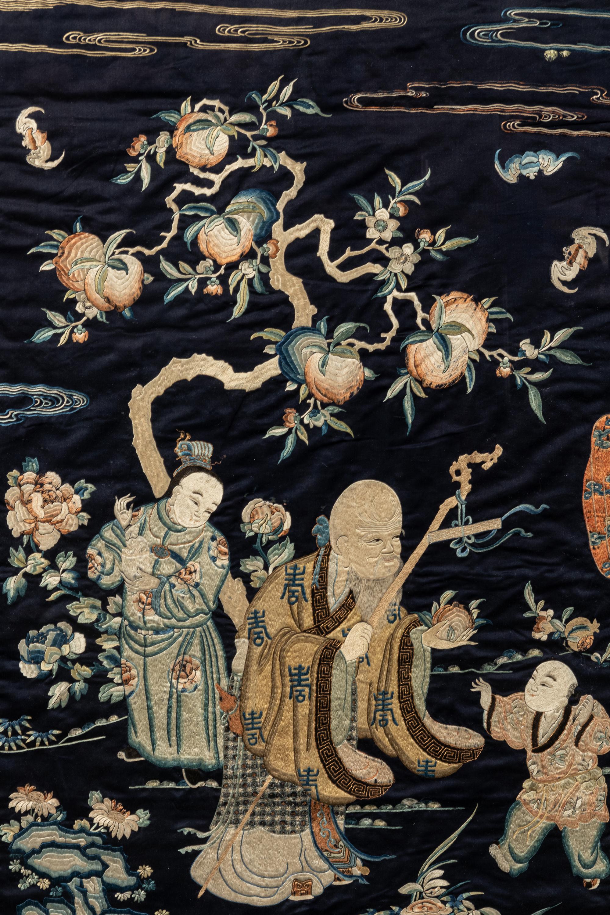A Large Midnight Blue Satin Ground Embroidered Silk Panel