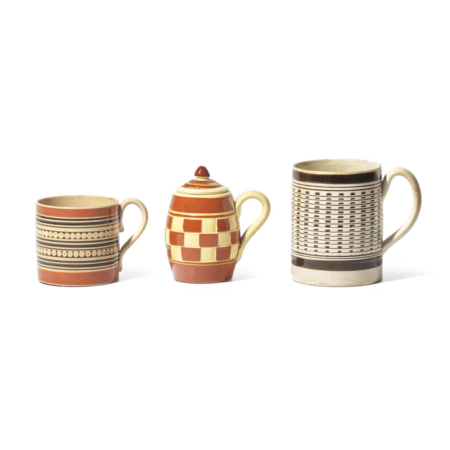 A Group of Three Mocha-Decorated and Engine- Turned Creamware and Yellowware Items