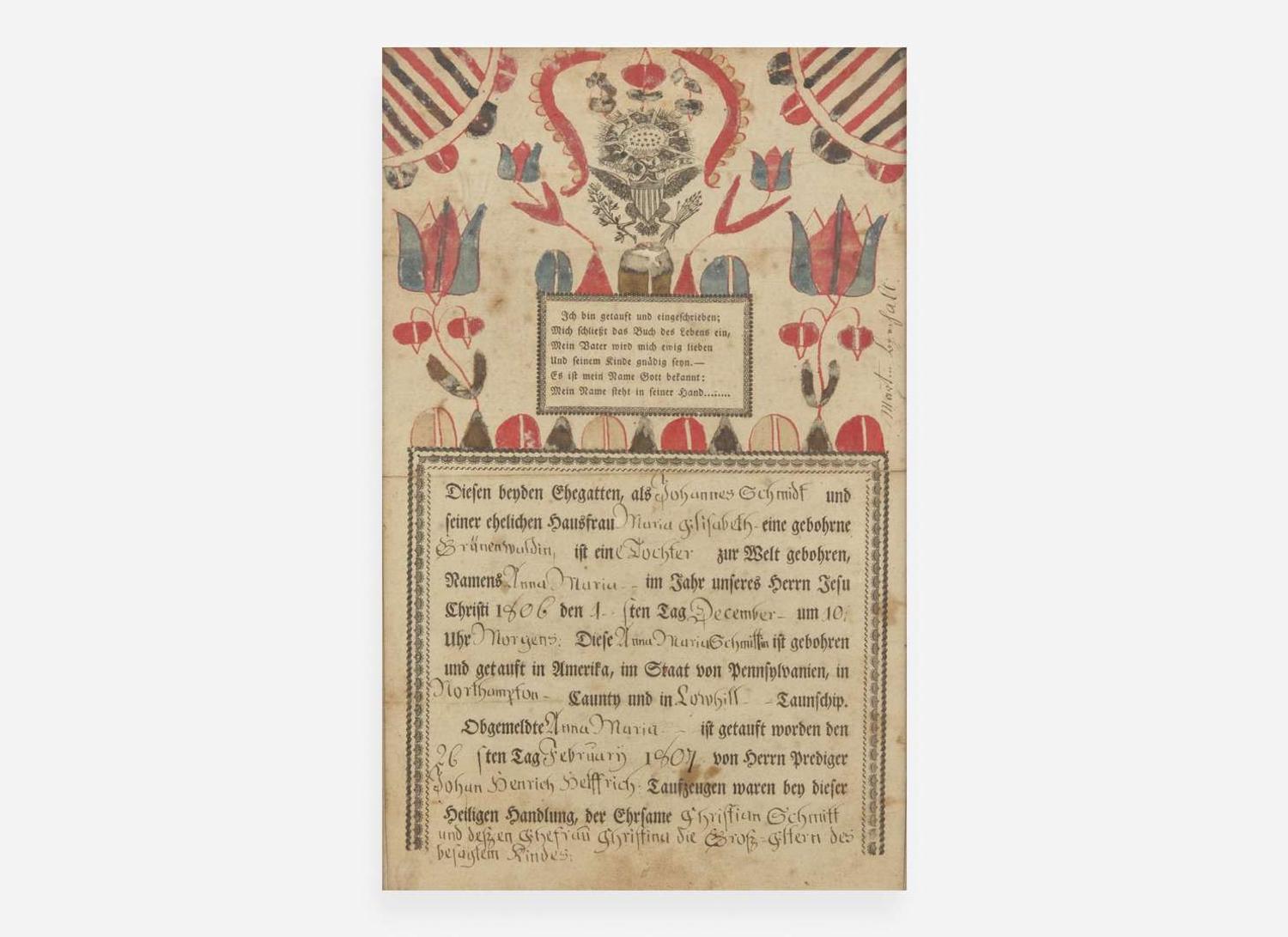 Martin Brechall (c. 1757-1831), Fraktur: Birth Record for the Schmidt Family, dated "1807"