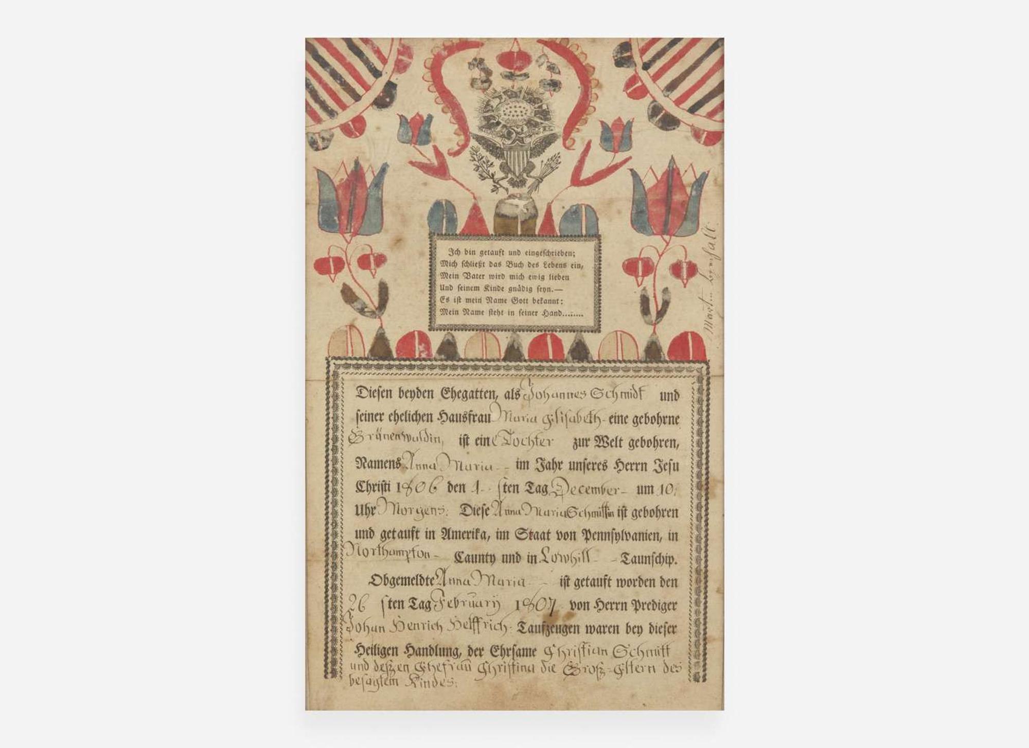 Martin Brechall (c. 1757-1831), Fraktur: Birth Record for the Schmidt Family, dated "1807"