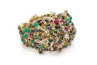 A 14 Karat Yellow Gold, Diamond, Emerald, Sapphire and Ruby Bracelet,
