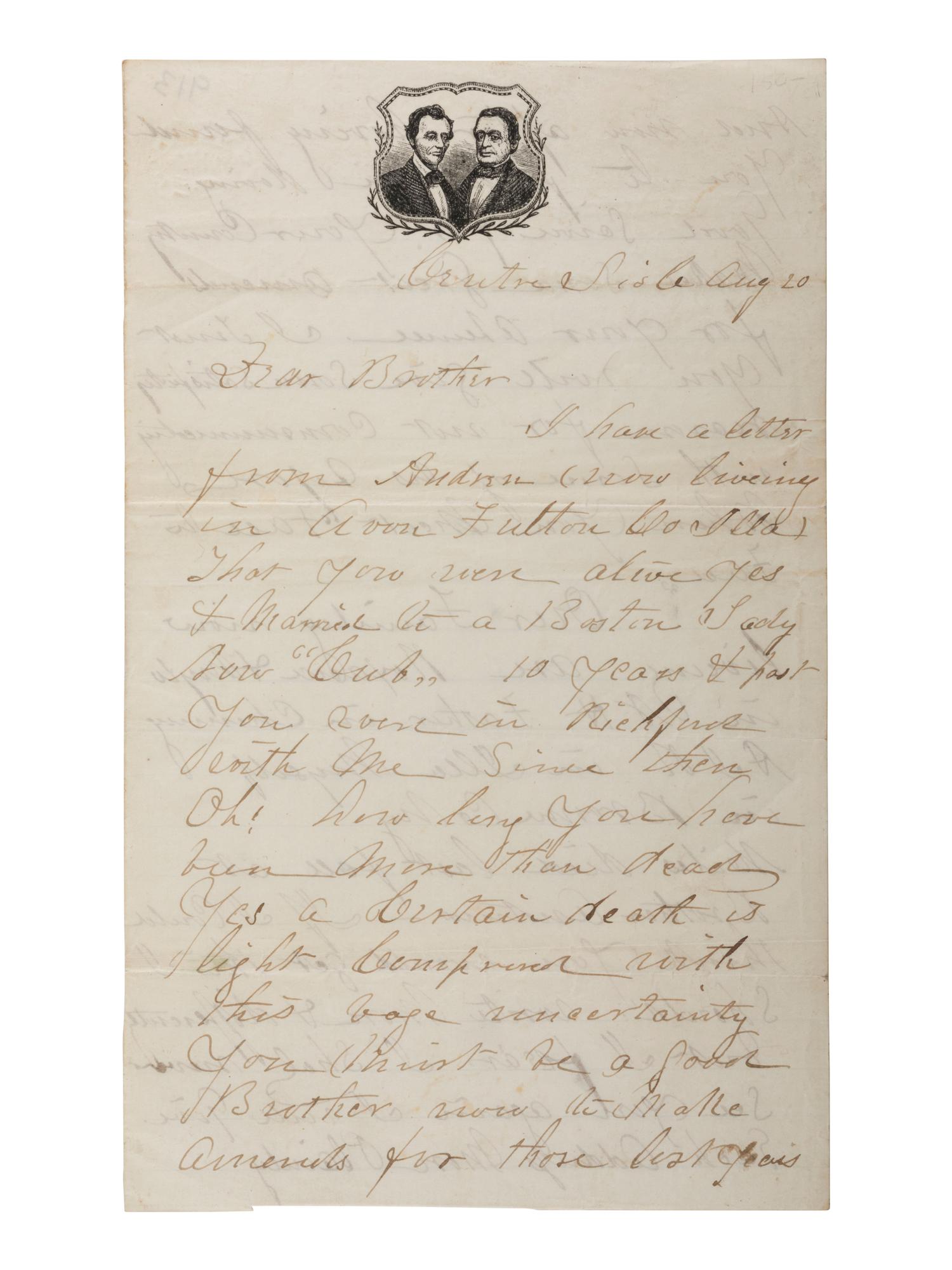 [LINCOLNIANA - CIVIL WAR]. Lincoln-Hamlin-Scott lettersheet with soldier's letter. 23 July 1864.