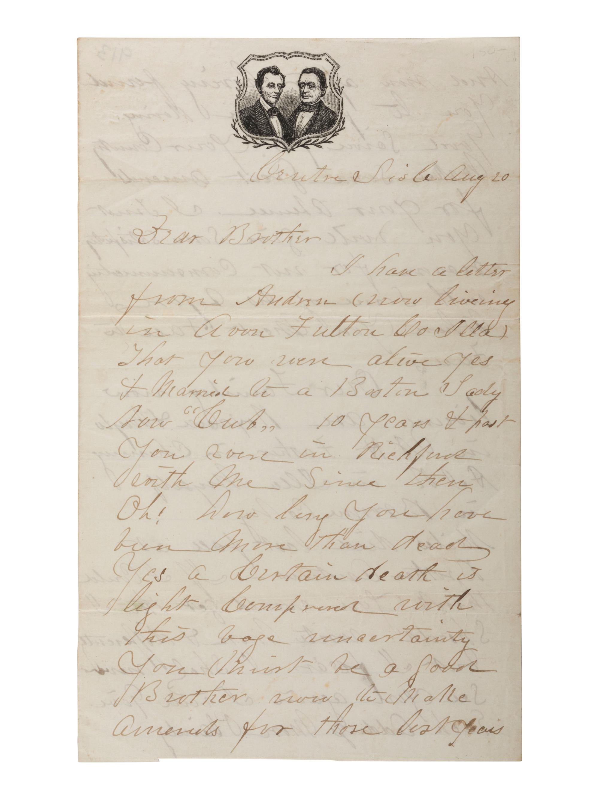 [LINCOLNIANA - CIVIL WAR]. Lincoln-Hamlin-Scott lettersheet with soldier's letter. 23 July 1864.
