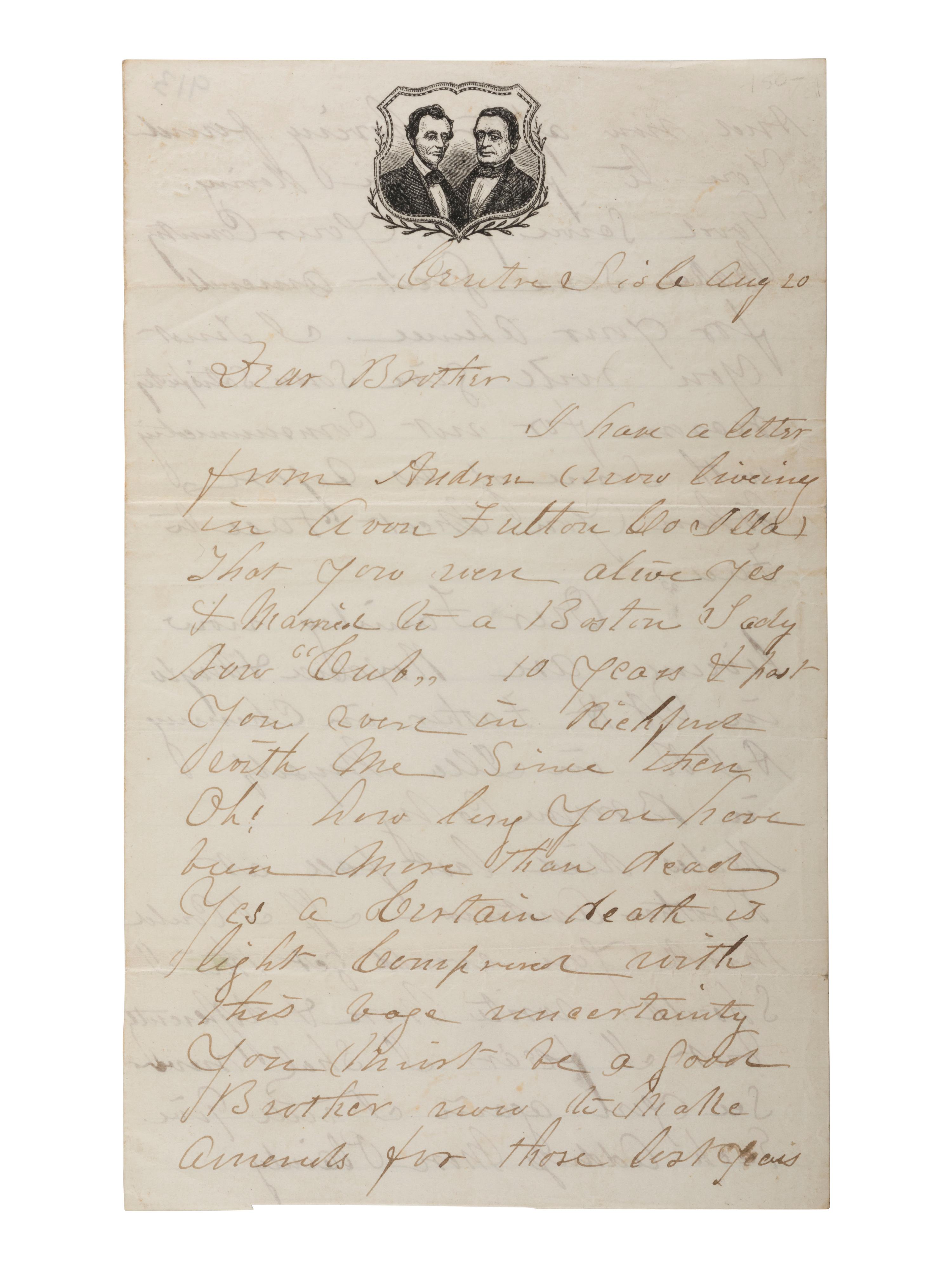 [LINCOLNIANA - CIVIL WAR]. Lincoln-Hamlin-Scott lettersheet with soldier's letter. 23 July 1864.
