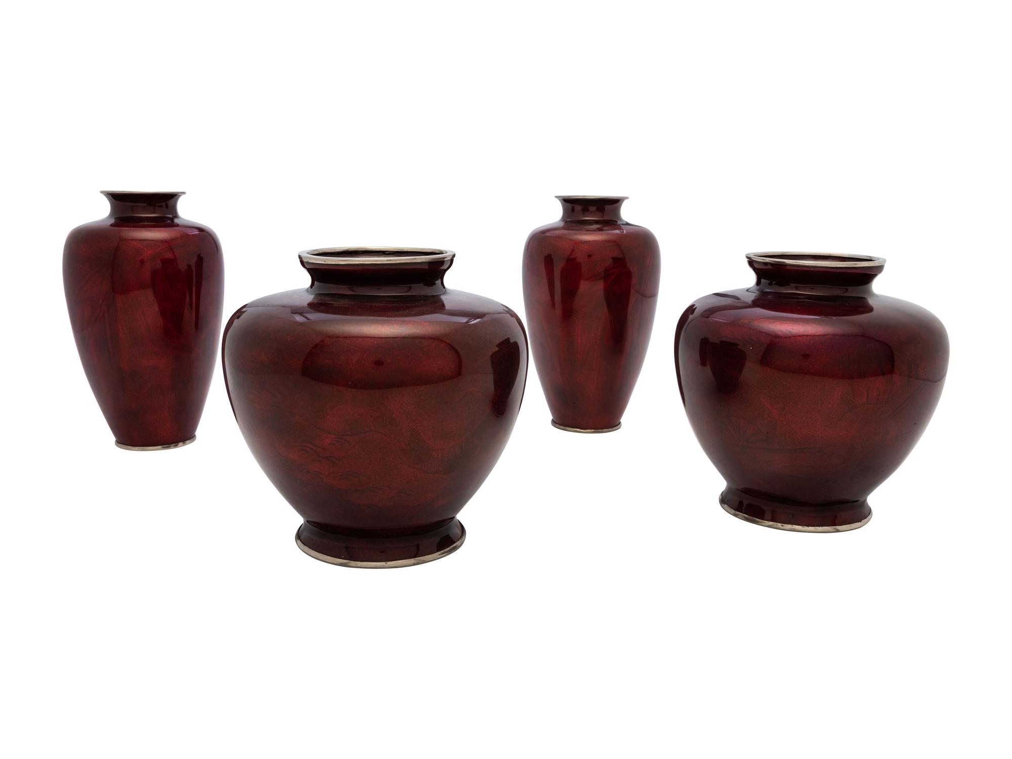 Four Pigeon Blood Cloisonné Vases