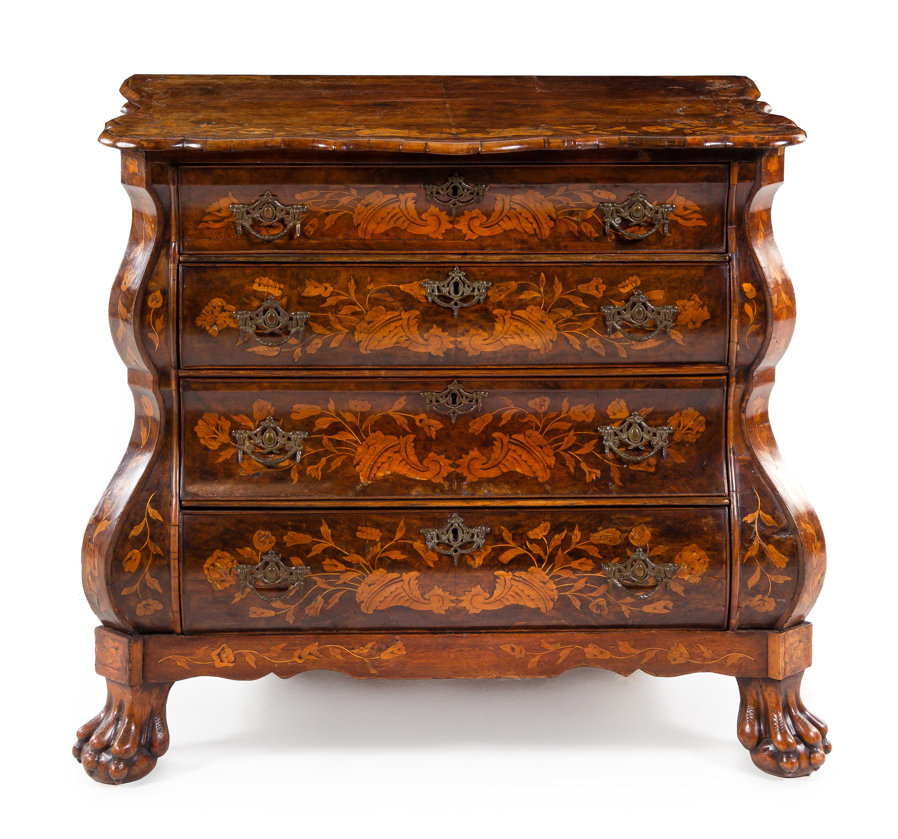 A Dutch Marquetry Commode Height 33 x width 35 1/2 x depth 22 1/2 inches. — 19TH CENTURY