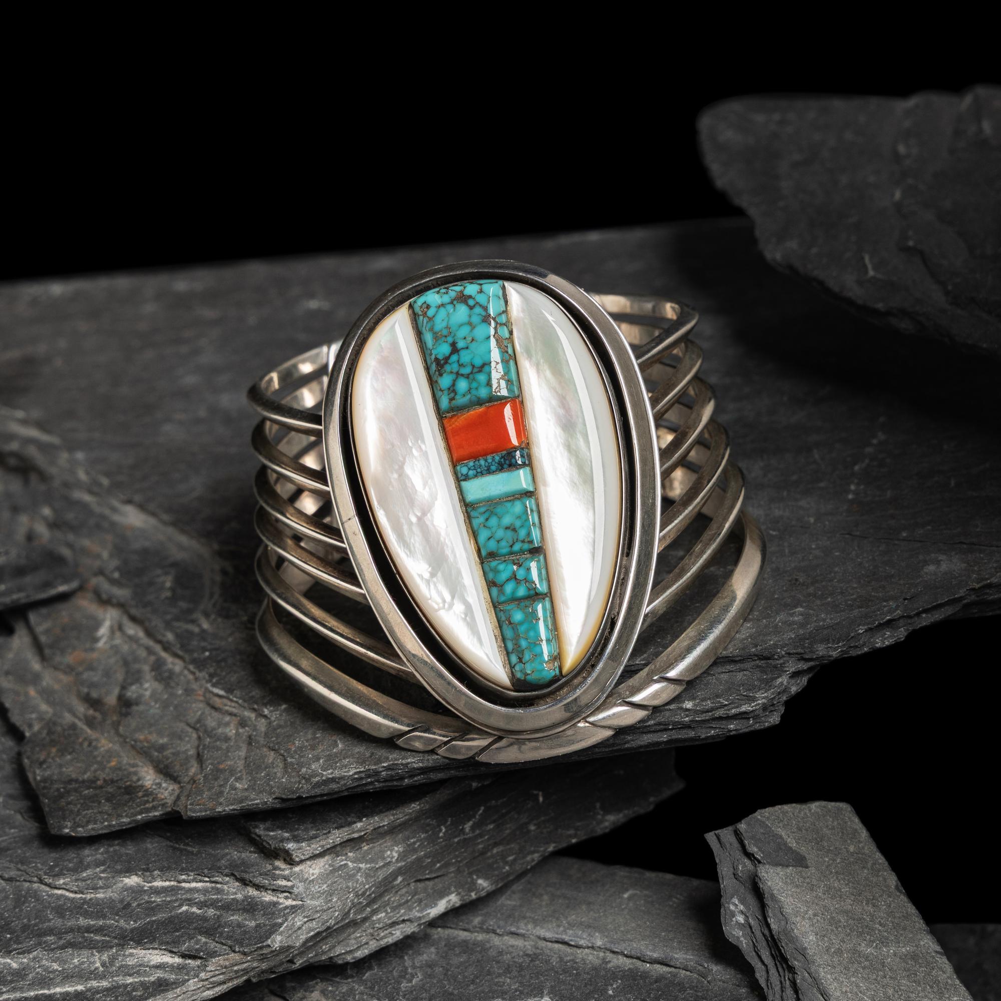 Victor Beck (Diné, 1941-2022) — Turquoise, Coral, and Mother of Pearl Silver Cuff Bracelet