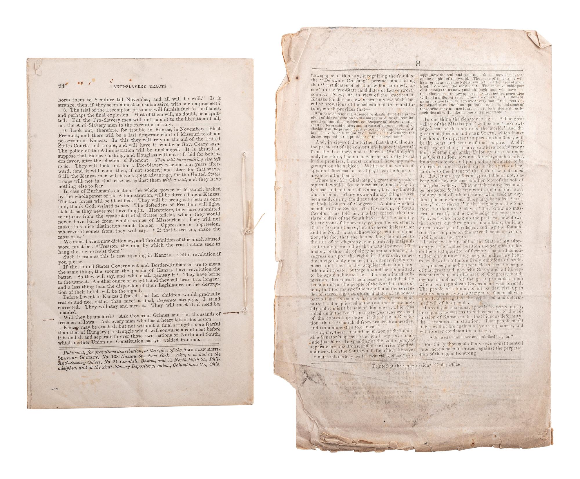 [SLAVERY & ABOLITION]. A group of 14 pamphlets related to Bleeding Kansas including slavery, the Lecompton Constitution, and the Stanton-Lane contest, comprising: