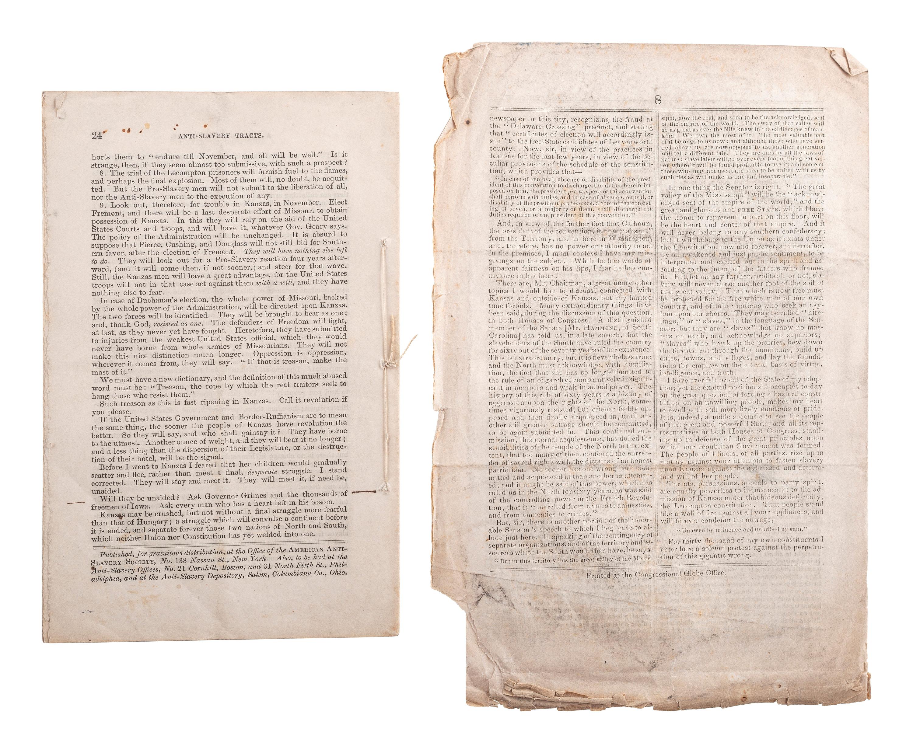 [SLAVERY & ABOLITION]. A group of 14 pamphlets related to Bleeding Kansas including slavery, the Lecompton Constitution, and the Stanton-Lane contest, comprising: