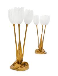 A Pair of French Art Deco Gilt Bronze and Alabaster Floriform Table Lamps, Albert Cheuret Height 15 inches.