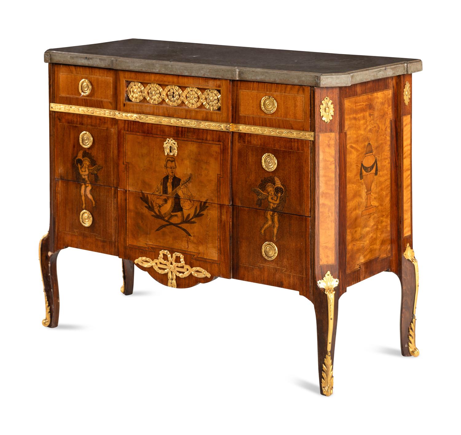 A Baltic Gilt Bronze Mounted Marquetry Marble-Top Commode