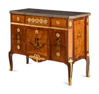 A Baltic Gilt Bronze Mounted Marquetry Marble-Top Commode