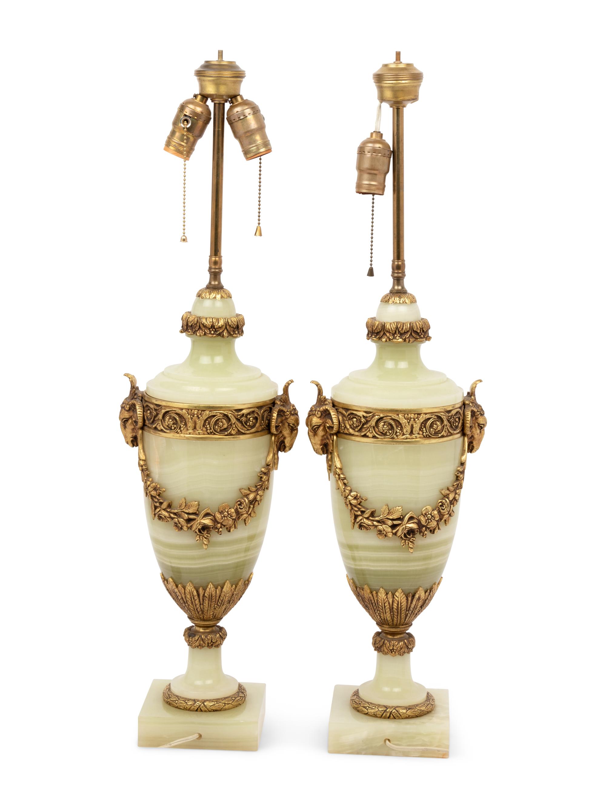 A Pair of Continental Gilt Metal Mounted Onyx Urns Mounted as Lamps