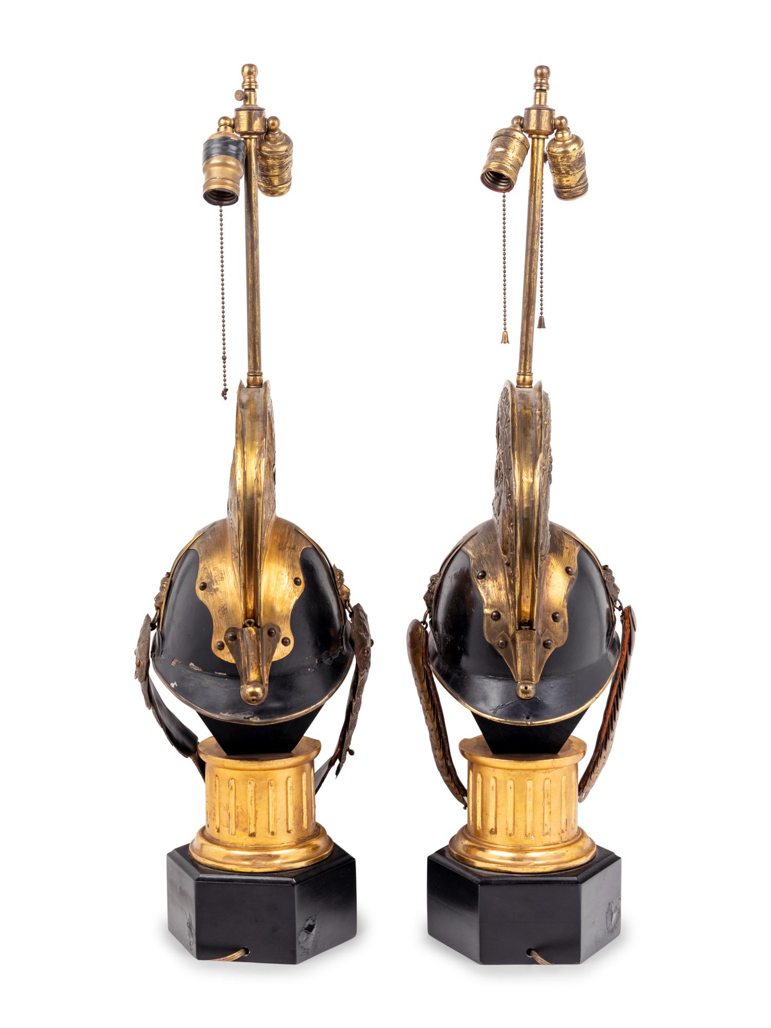 A Pair of Continental Parade Helmets Mounted as Lamps