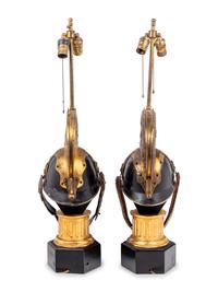 A Pair of Continental Parade Helmets Mounted as Lamps