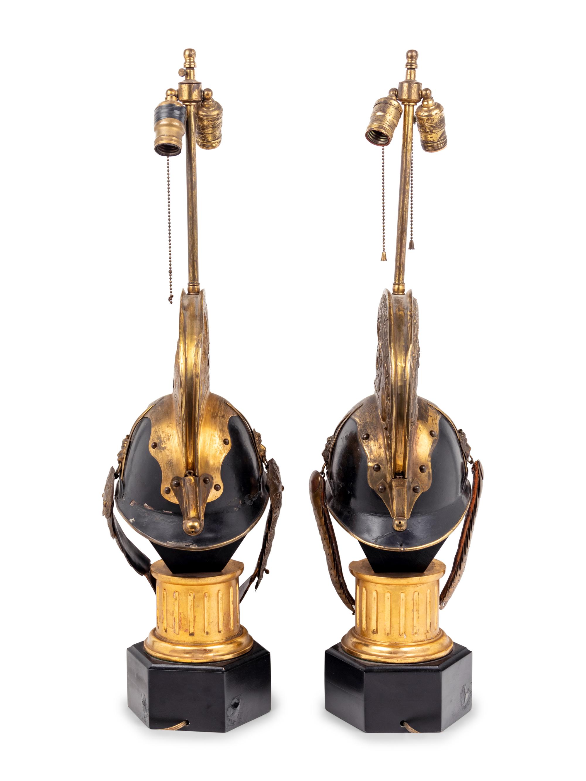 A Pair of Continental Parade Helmets Mounted as Lamps