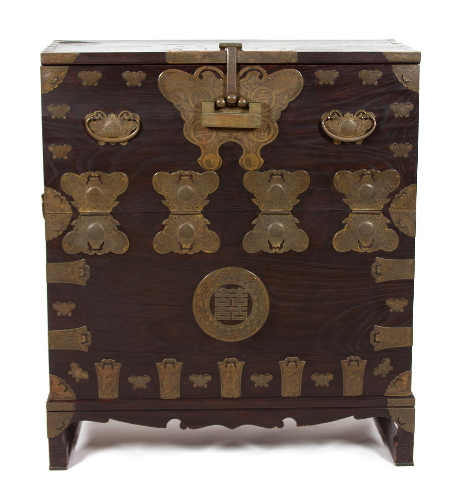 A Korean Brass Mounted Campaign Desk Height 49 x width 42 x depth 18 inches. — EARLY 20TH CENTURY