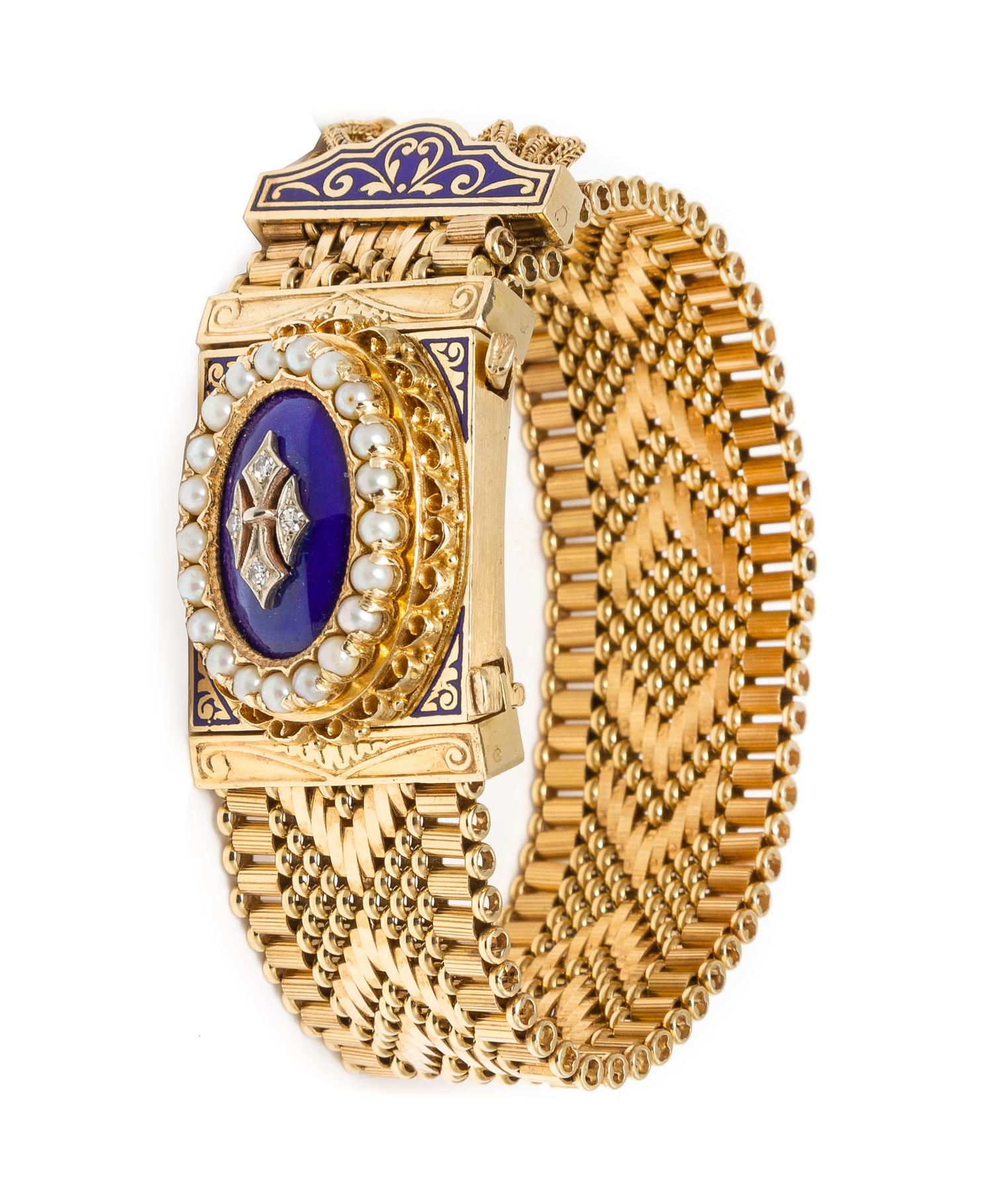 A 14 Karat Yellow Gold, Diamond, Cultured Pearl and Enamel Belt Bracelet Surprise Wristwatch, 42.30 dwts.