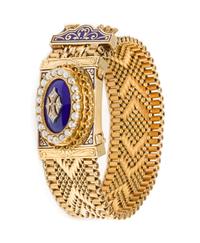 A 14 Karat Yellow Gold, Diamond, Cultured Pearl and Enamel Belt Bracelet Surprise Wristwatch, 42.30 dwts.