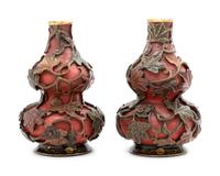 A Pair of Polychrome Painted Lacquered Wood Gourd-Form Vases
