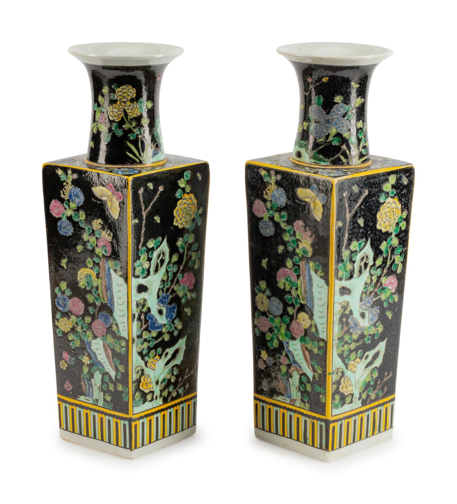 A Pair of Chinese Famille Noir Porcelain Vases