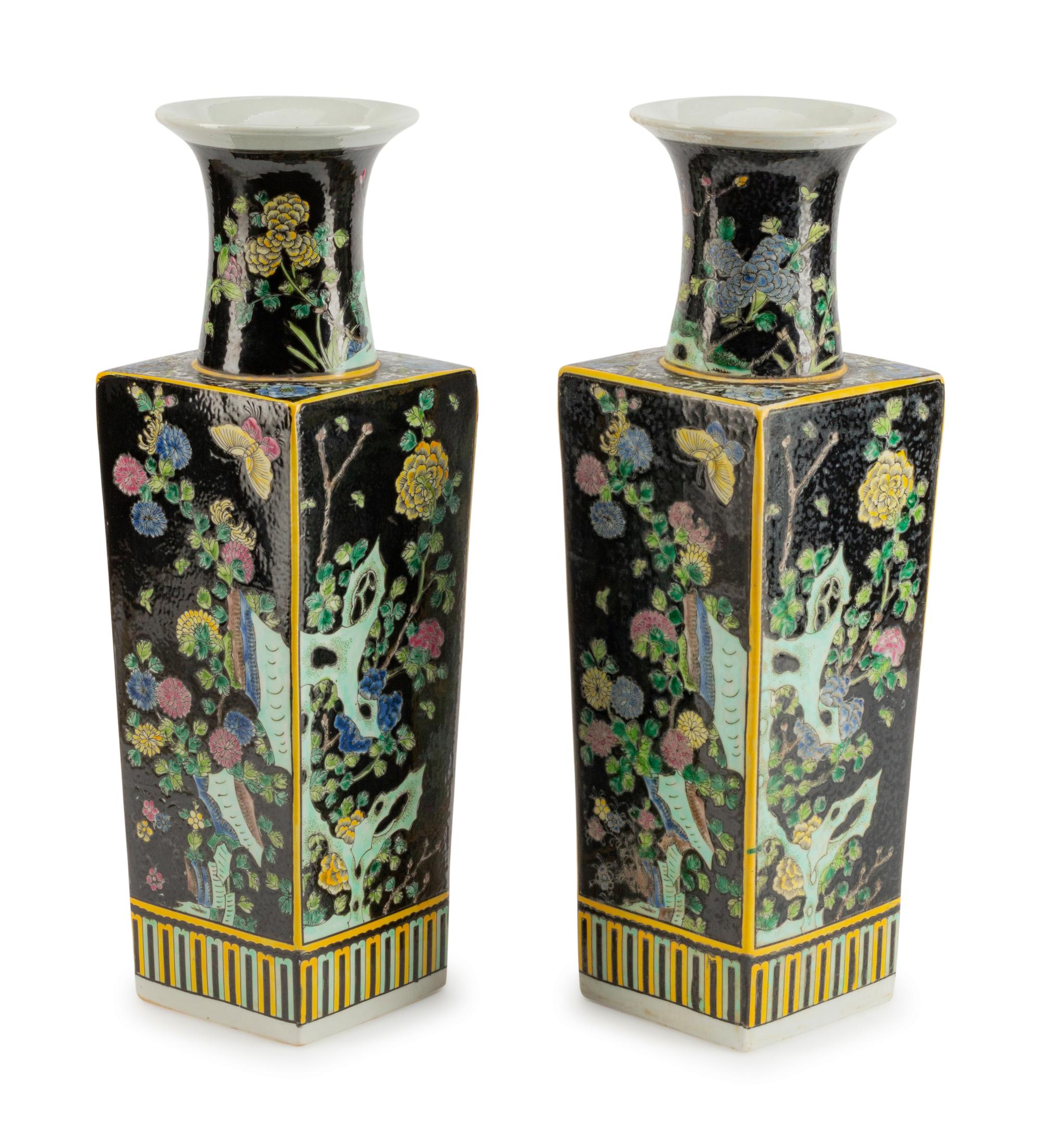 A Pair of Chinese Famille Noir Porcelain Vases