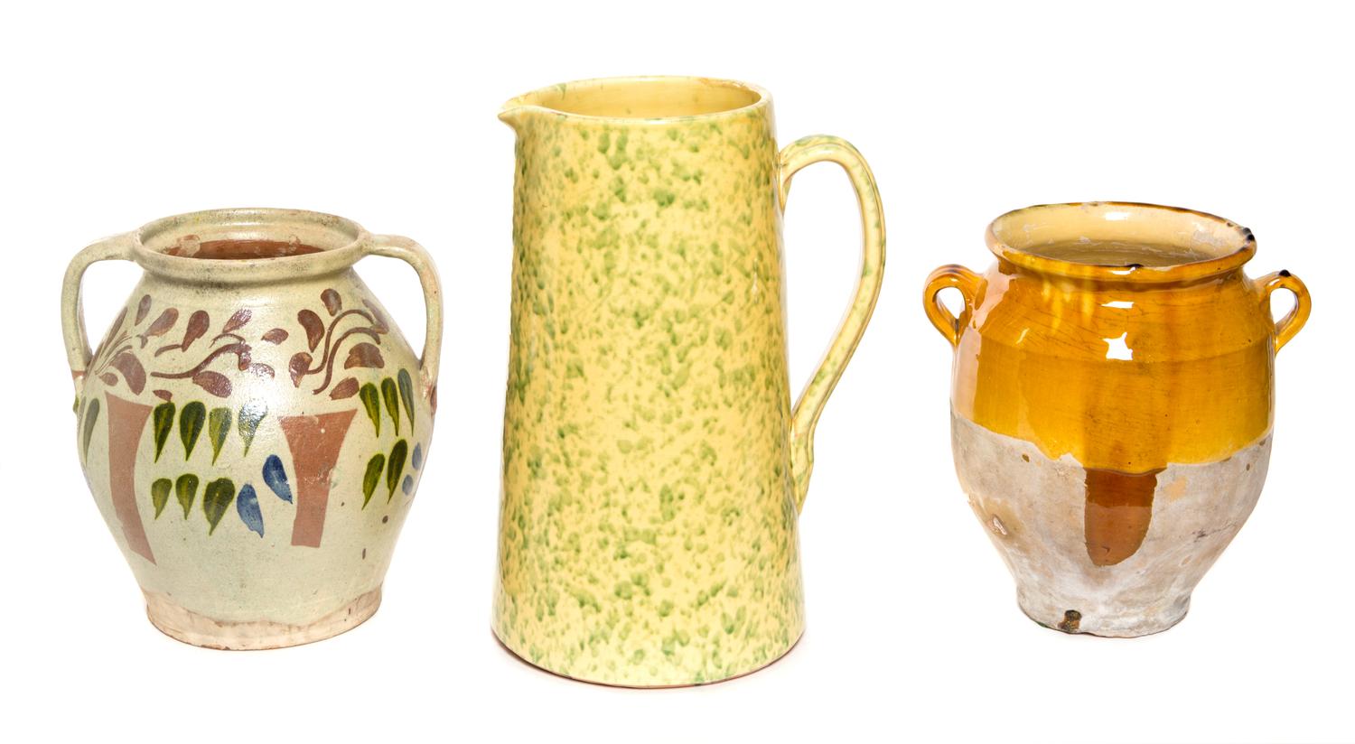 Three Pottery Table Articles Height of tallest 14 1/2 inches.