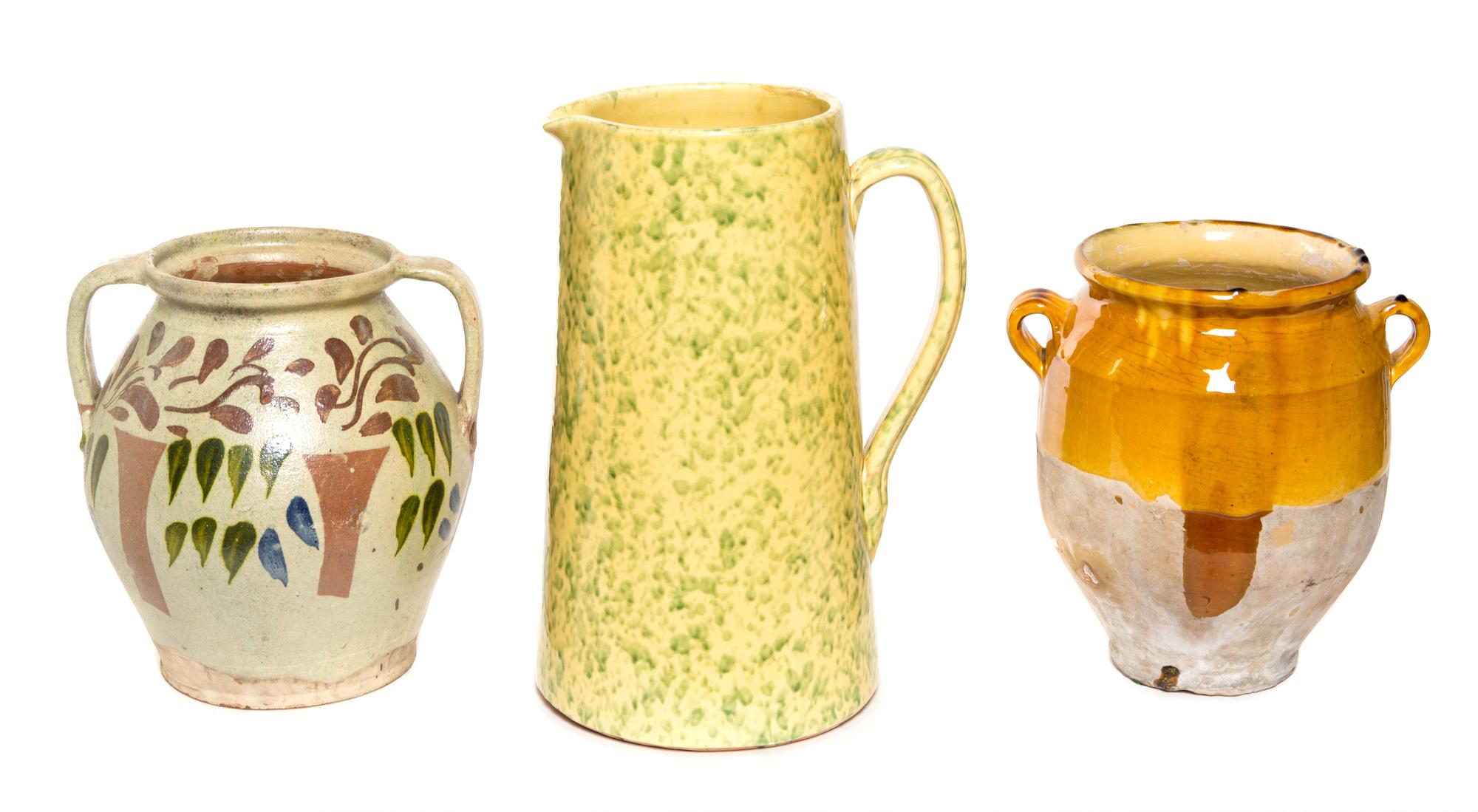 Three Pottery Table Articles Height of tallest 14 1/2 inches.